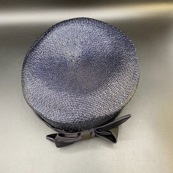 Vintage Darcel Pill Box Straw Hat Large Ribbon Trim Black Made in VTG USA - Picture 3 of 13